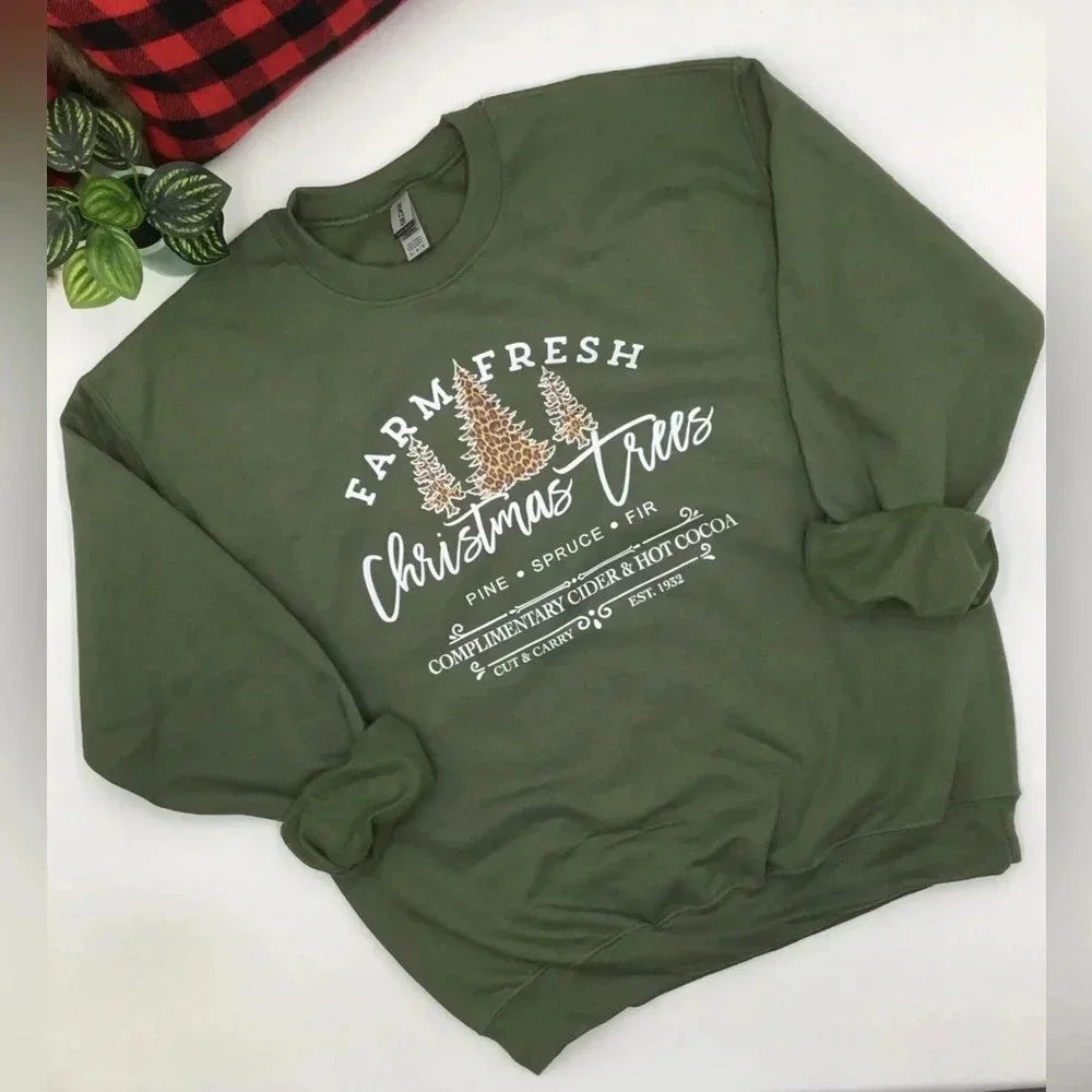 FARM FRESH Christmas‎ Trees SWEATSHIRT Olive Green Crewneck NEW! Various Sizes